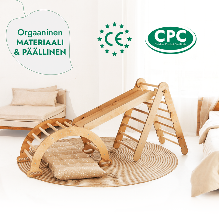 Neljä yhdessä Montessori-kiipeilysetti: Kolmiotikkaat + Kiipeilykaari + Liukuramppi & Pehmuste