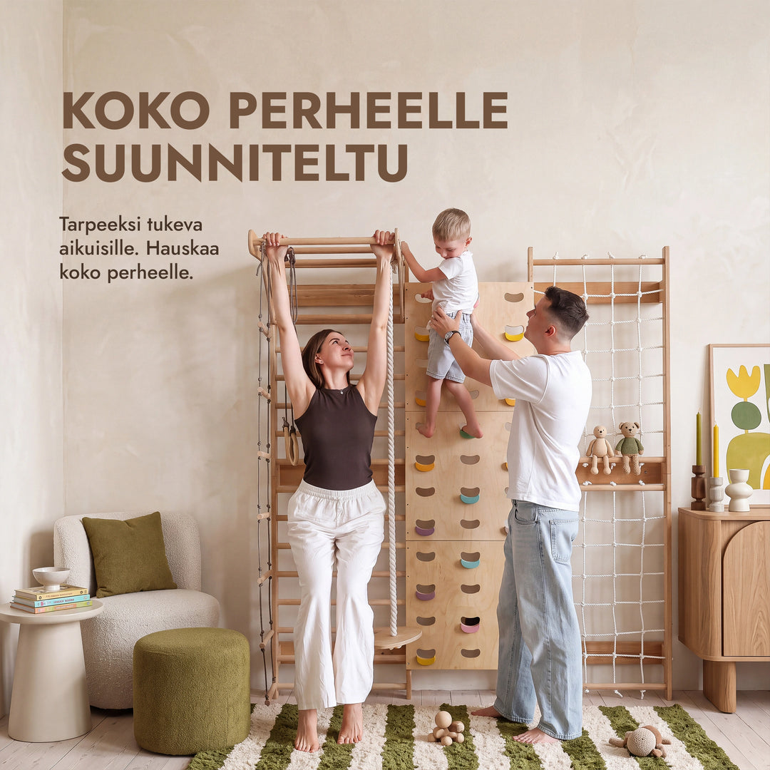 7-in-1 Kiipeilyseinä lapsille: puolapuut, kiipeilyverkko & 3in1 keinusetti