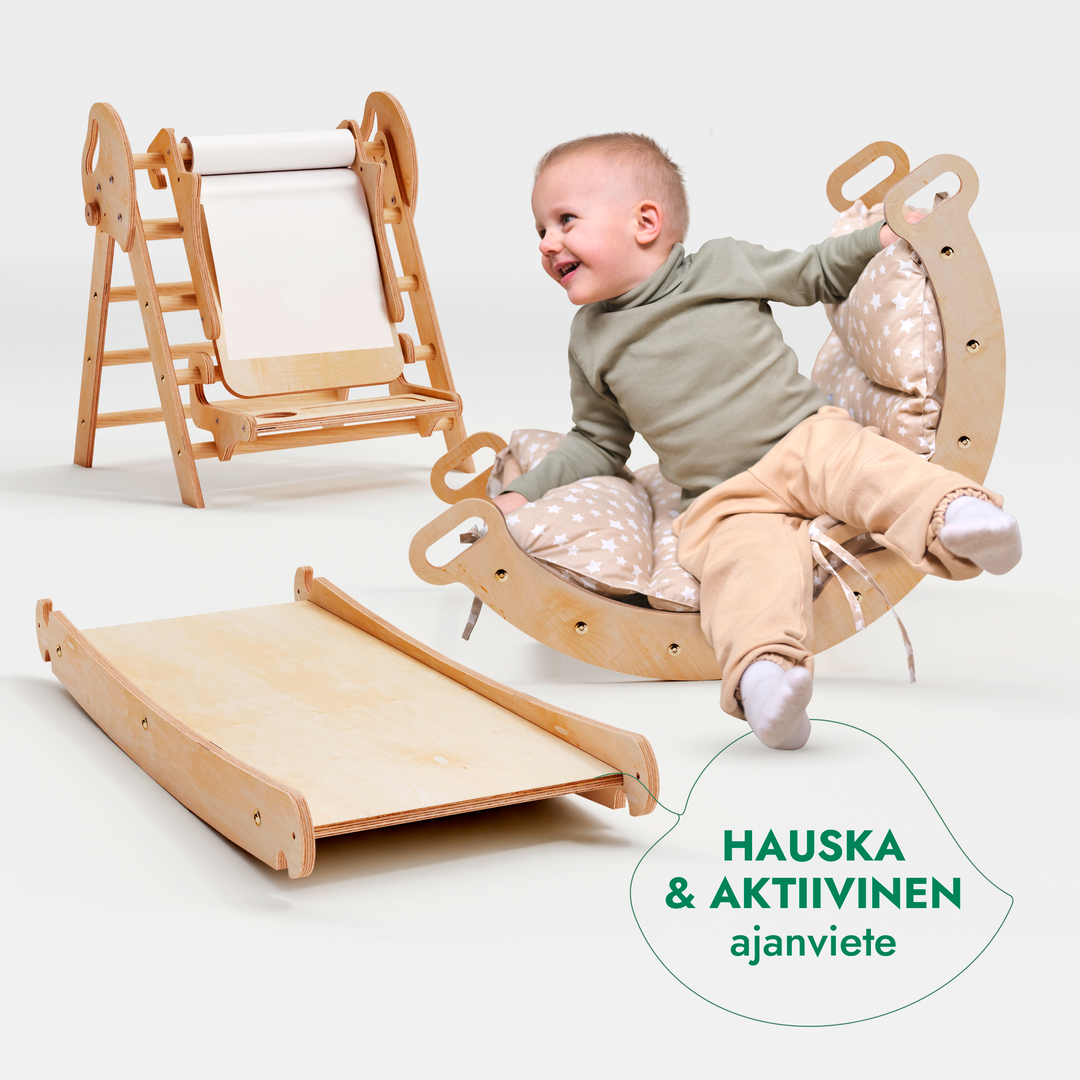 Neljä yhdessä Montessori-kiipeilysetti: Kolmiotikkaat + Kiipeilykaari + Liukuramppi + Taide-lisäosa + Pehmuste (1-3-v.)