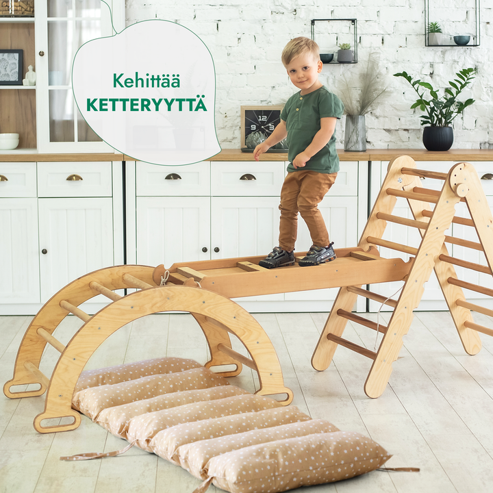 Neljä yhdessä Montessori-kiipeilysetti: Kolmiotikkaat + Kiipeilykaari + Liukuramppi & Pehmuste