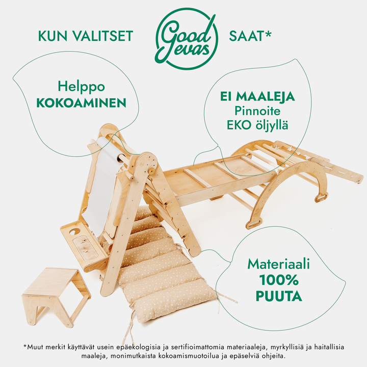 Kuusi yhdessä Montessori-kiipeilysetti: Kolmiotikkaat + Kiipeily- ja Keinukaari + Liukuramppi + Kiipeilyverkko + Pehmuste + Taide-lisäosa