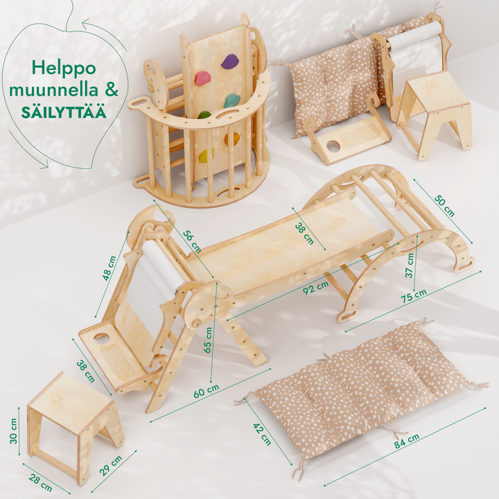 Neljä yhdessä Montessori-kiipeilysetti: Kolmiotikkaat + Kiipeilykaari + Liukuramppi + Taide-lisäosa + Pehmuste (1-3-v.)