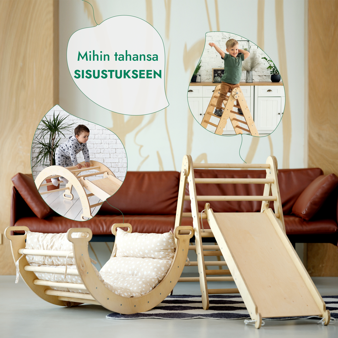 Neljä yhdessä Montessori-kiipeilysetti: Kolmiotikkaat + Kiipeilykaari + Liukuramppi & Pehmuste