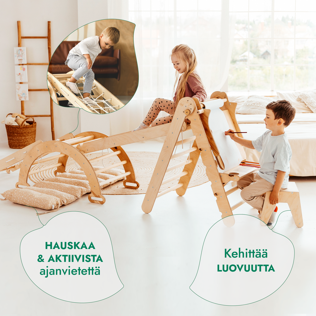 Kuusi yhdessä Montessori-kiipeilysetti: Kolmiotikkaat + Kiipeily- ja Keinukaari + Liukuramppi + Kiipeilyverkko + Pehmuste + Taide-lisäosa