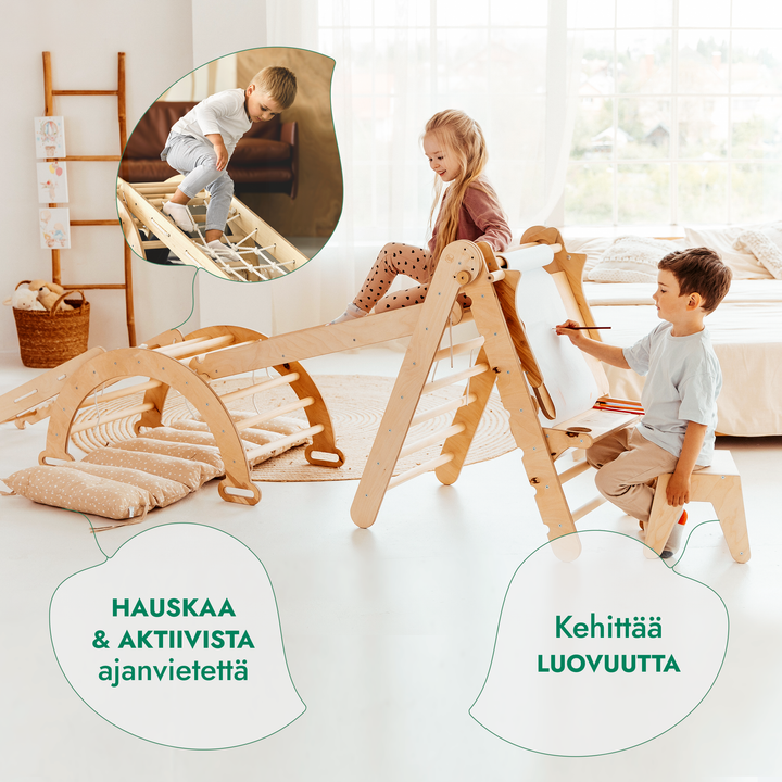 Kuusi yhdessä Montessori-kiipeilysetti: Kolmiotikkaat + Kiipeily- ja Keinukaari + Liukuramppi + Kiipeilyverkko + Pehmuste + Taide-lisäosa