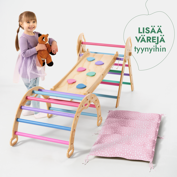 4-in-1 Montessori -kiipeilysarja: Piklerin kolmio, Kaari, Liukumäkilauta ja tyyny taaperoille (1–3 vuotta) – Pastellisävyt