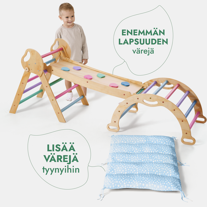4-in-1 Montessori -kiipeilysarja: Piklerin kolmio, Kaari, Liukumäkilauta ja tyyny taaperoille (1–3 vuotta) – Pastellisävyt