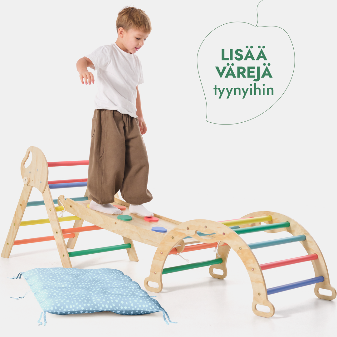 4-in-1 Montessori -kiipeilysarja: Piklerin kolmio, Kaari, Liukumäkilauta ja tyyny taaperoille (1–3 vuotta) – Sateenkaari