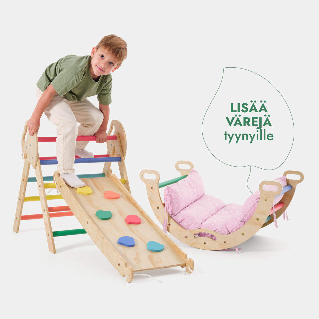 4-in-1 Montessori -kiipeilysarja: Piklerin kolmio, Kaari, Liukumäkilauta ja tyyny taaperoille (1–3 vuotta) – Sateenkaari