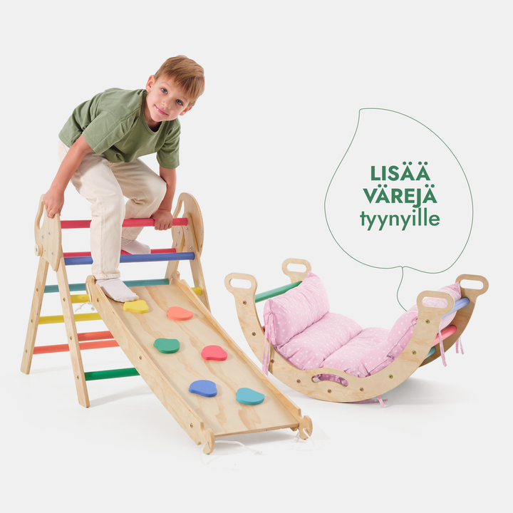 4-in-1 Montessori -kiipeilysarja: Piklerin kolmio, Kaari, Liukumäkilauta ja tyyny taaperoille (1–3 vuotta) – Sateenkaari