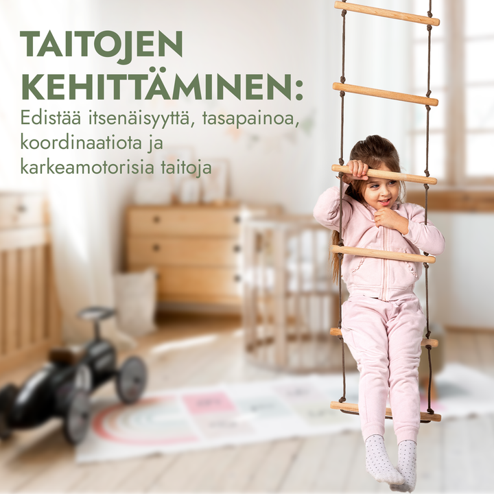 Kolme yhdessä keinu- ja kiipeilysetti: Köysitikkaat, Voimistelurenkaat ja Kiekkokeinu