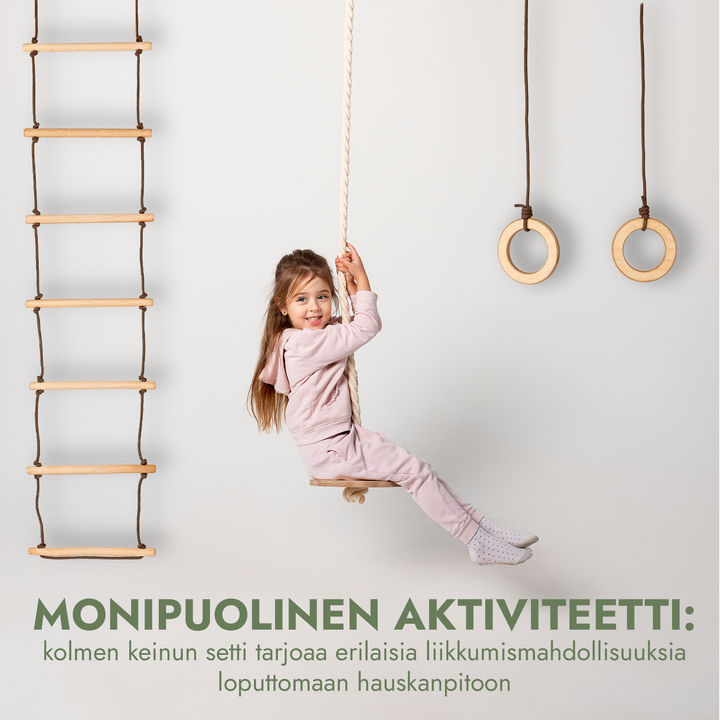 Kolme yhdessä keinu- ja kiipeilysetti: Köysitikkaat, Voimistelurenkaat ja Kiekkokeinu