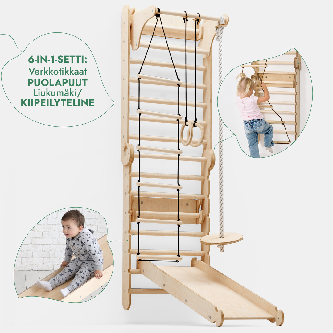 Kuusi Yhdessä Puiset Puolapuut / Kiipeilytikkaat Lapsille + Keinusetti + Liukuramppi
