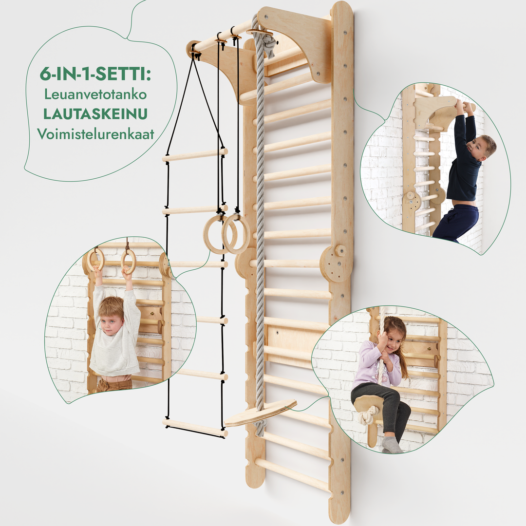 Kuusi Yhdessä Puiset Puolapuut / Kiipeilytikkaat Lapsille + Keinusetti + Liukuramppi