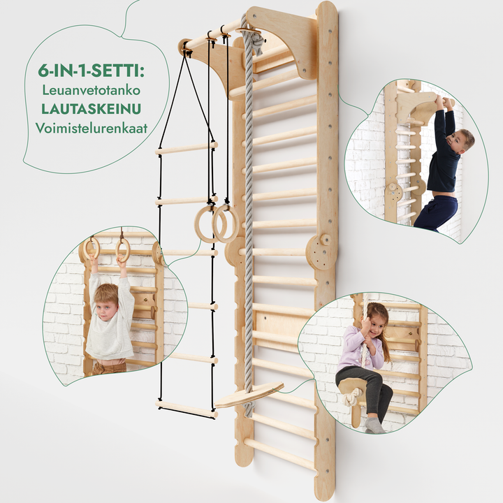 Kuusi Yhdessä Puiset Puolapuut / Kiipeilytikkaat Lapsille + Keinusetti + Liukuramppi