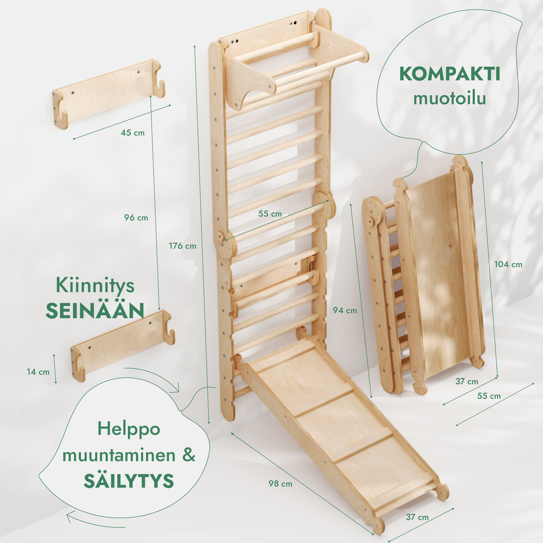 Kuusi Yhdessä Puiset Puolapuut / Kiipeilytikkaat Lapsille + Keinusetti + Liukuramppi