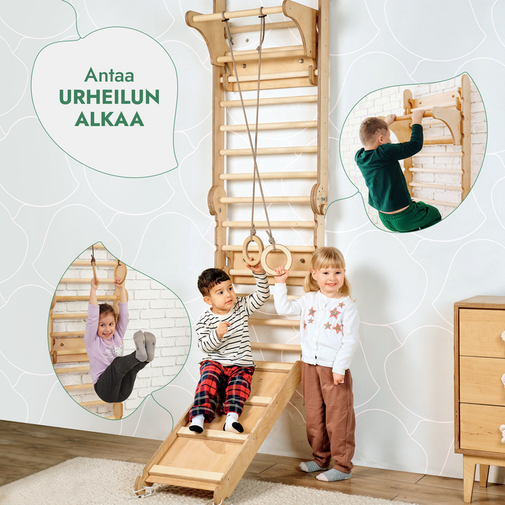 Kuusi Yhdessä Puiset Puolapuut / Kiipeilytikkaat Lapsille + Keinusetti + Liukuramppi