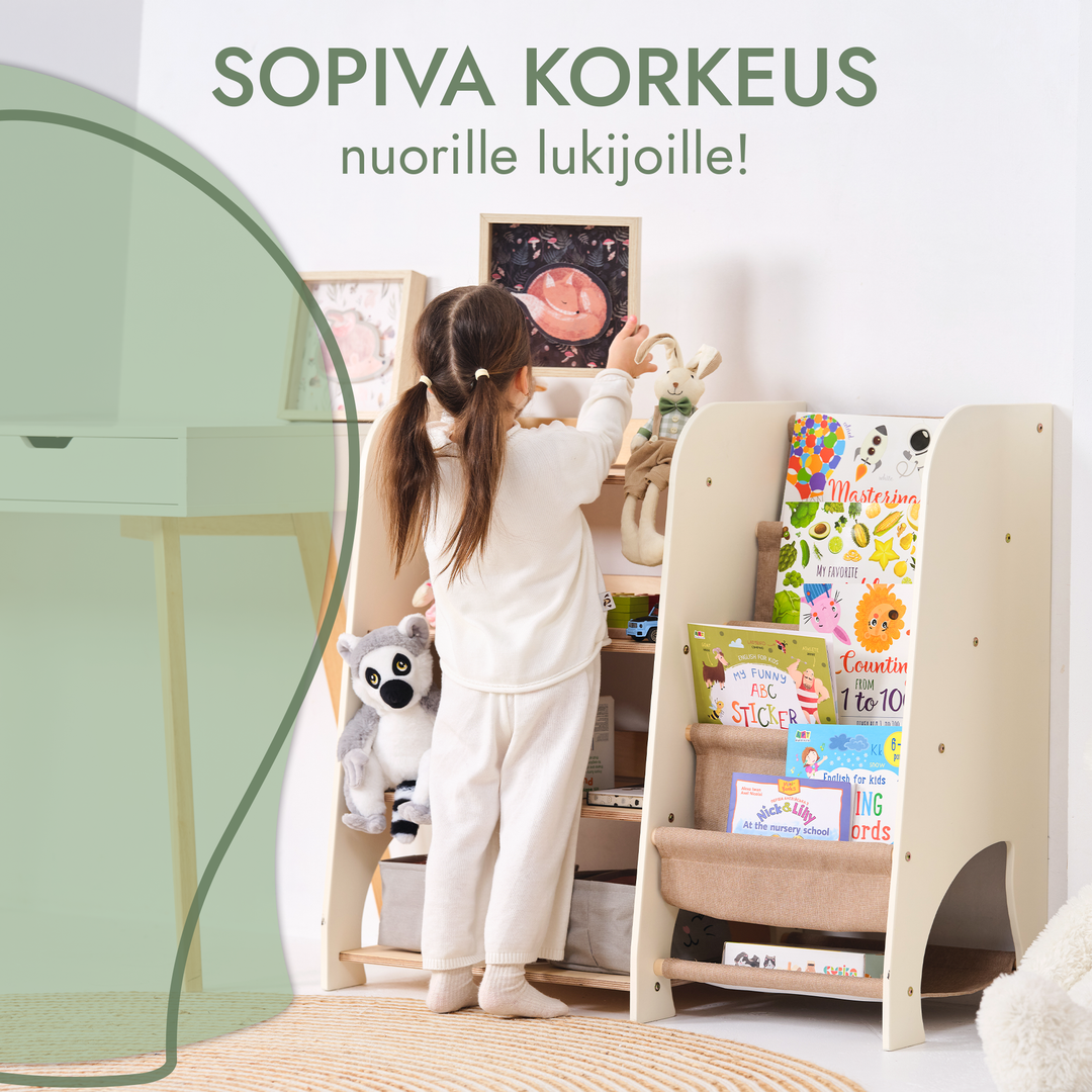 Puiset kaksi yhdessä Montessori-hyllyt: kirjahylly ja leluhylly
