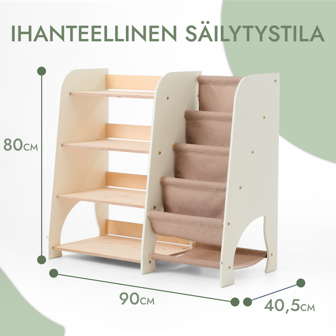 Puiset kaksi yhdessä Montessori-hyllyt: kirjahylly ja leluhylly