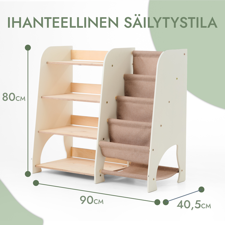 Puiset kaksi yhdessä Montessori-hyllyt: kirjahylly ja leluhylly
