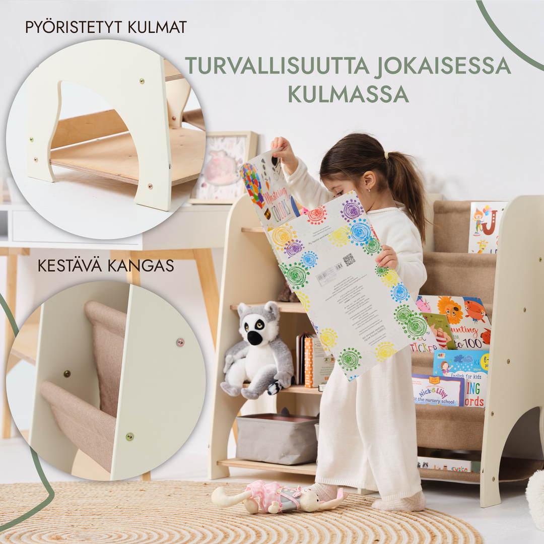 Puiset kaksi yhdessä Montessori-hyllyt: kirjahylly ja leluhylly