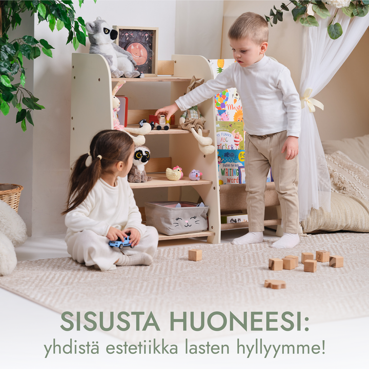 Puiset kaksi yhdessä Montessori-hyllyt: kirjahylly ja leluhylly