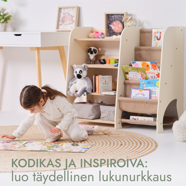 Puiset kaksi yhdessä Montessori-hyllyt: kirjahylly ja leluhylly
