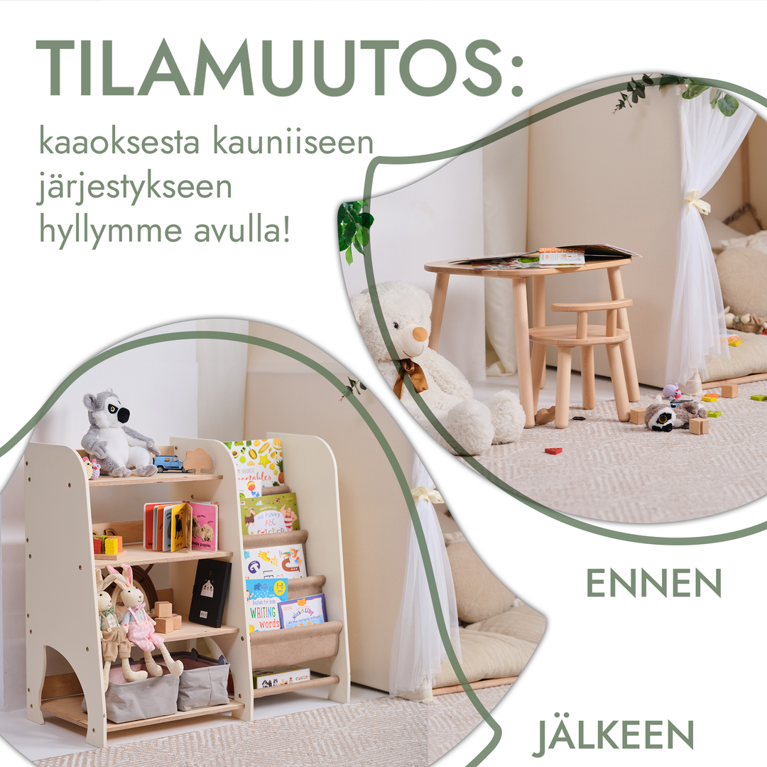 Puiset kaksi yhdessä Montessori-hyllyt: kirjahylly ja leluhylly