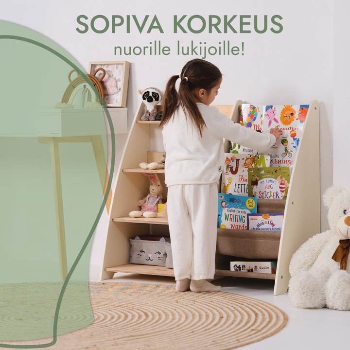 Taaperolle tarkoitettu kaksi yhdessä Montessori-hylly kirjoille ja leluille