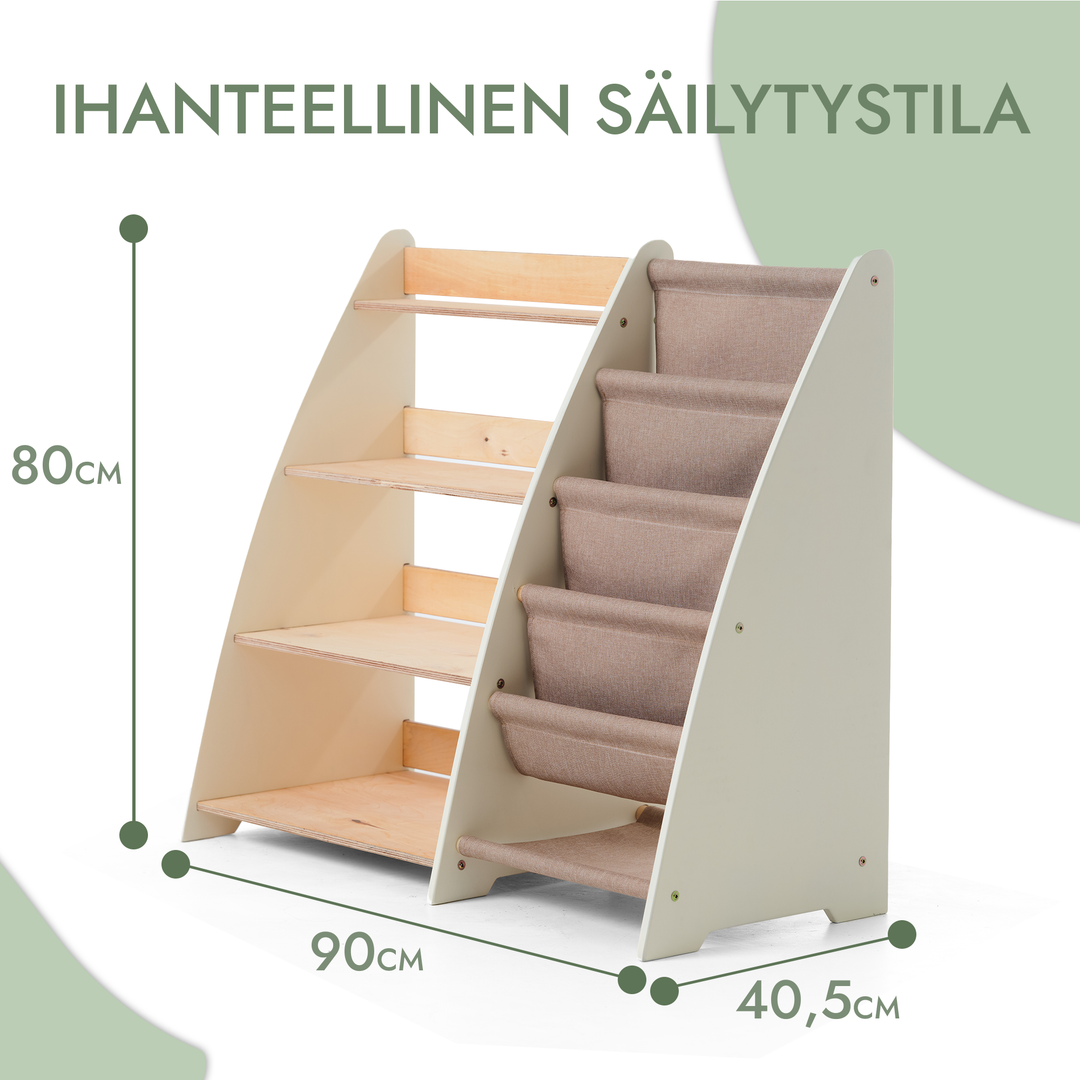 Taaperolle tarkoitettu kaksi yhdessä Montessori-hylly kirjoille ja leluille