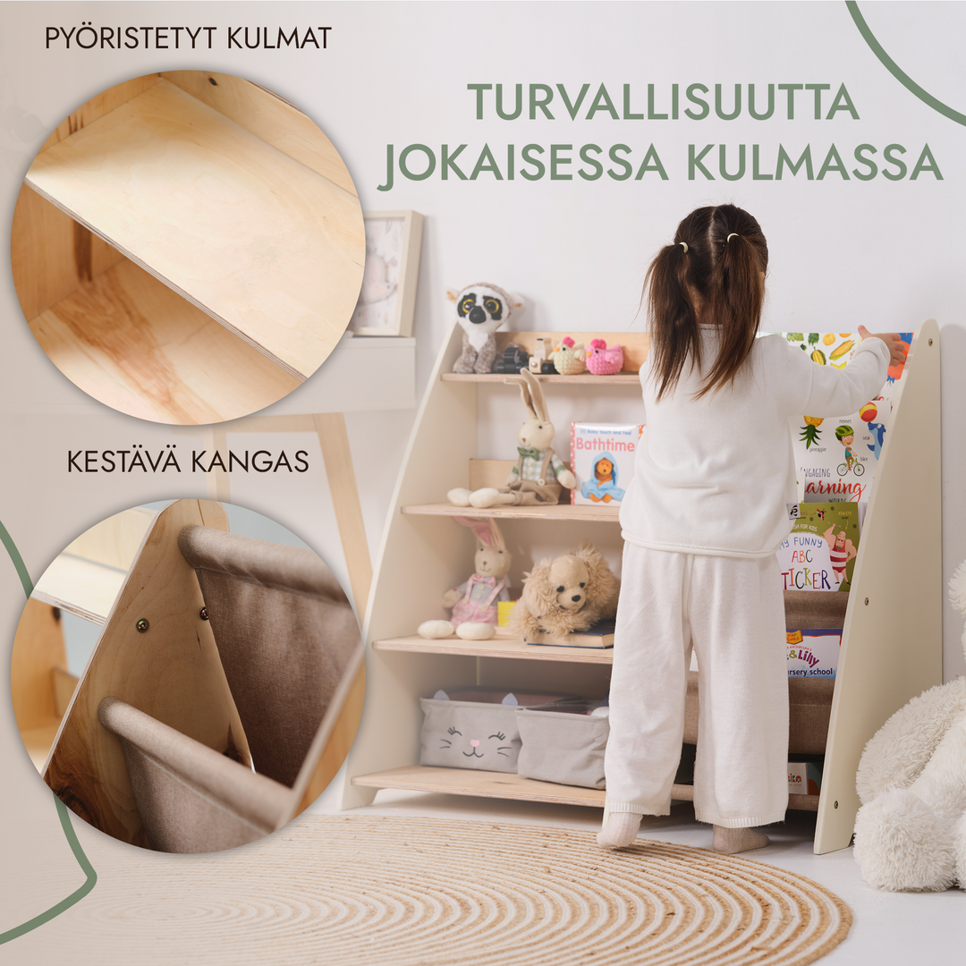 Taaperolle tarkoitettu kaksi yhdessä Montessori-hylly kirjoille ja leluille