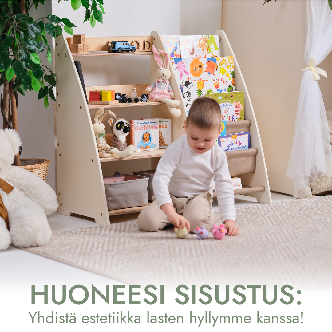 Taaperolle tarkoitettu kaksi yhdessä Montessori-hylly kirjoille ja leluille