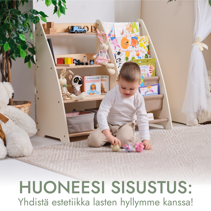 Taaperolle tarkoitettu kaksi yhdessä Montessori-hylly kirjoille ja leluille