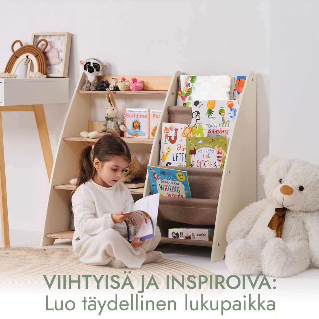 Taaperolle tarkoitettu kaksi yhdessä Montessori-hylly kirjoille ja leluille
