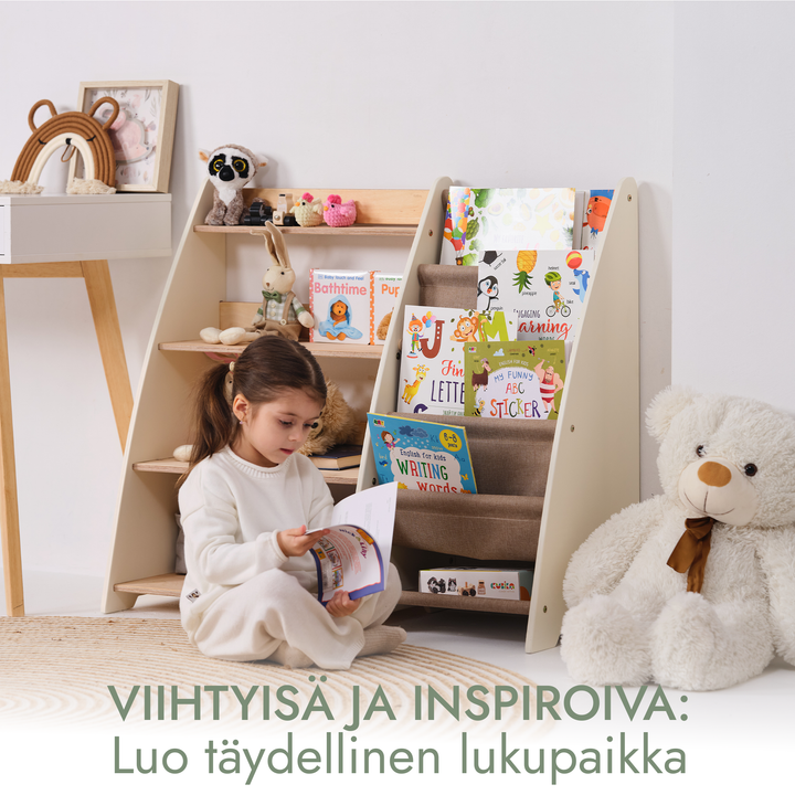 Taaperolle tarkoitettu kaksi yhdessä Montessori-hylly kirjoille ja leluille