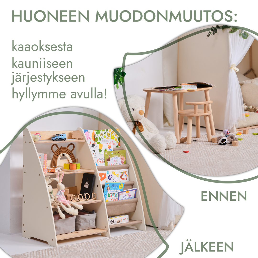 Taaperolle tarkoitettu kaksi yhdessä Montessori-hylly kirjoille ja leluille