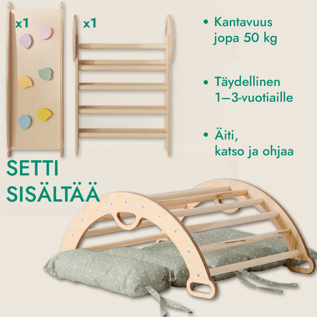 Neljä yhdessä Montessori-kiipeilysetti: Kolmiotikkaat + Kiipeilykaari + Liukuramppi + Pehmuste (1-3-v.)