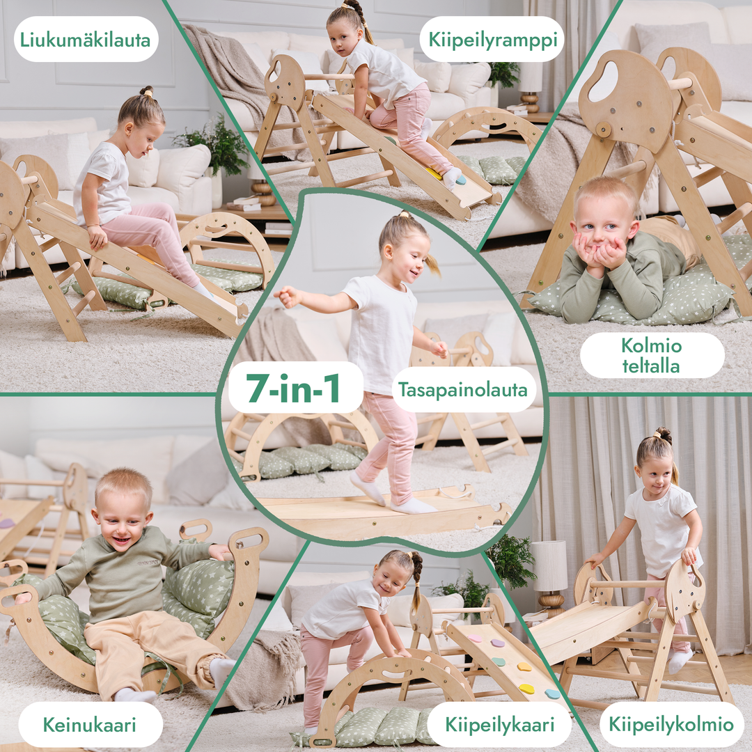 Neljä yhdessä Montessori-kiipeilysetti: Kolmiotikkaat + Kiipeilykaari + Liukuramppi + Pehmuste (1-3-v.)