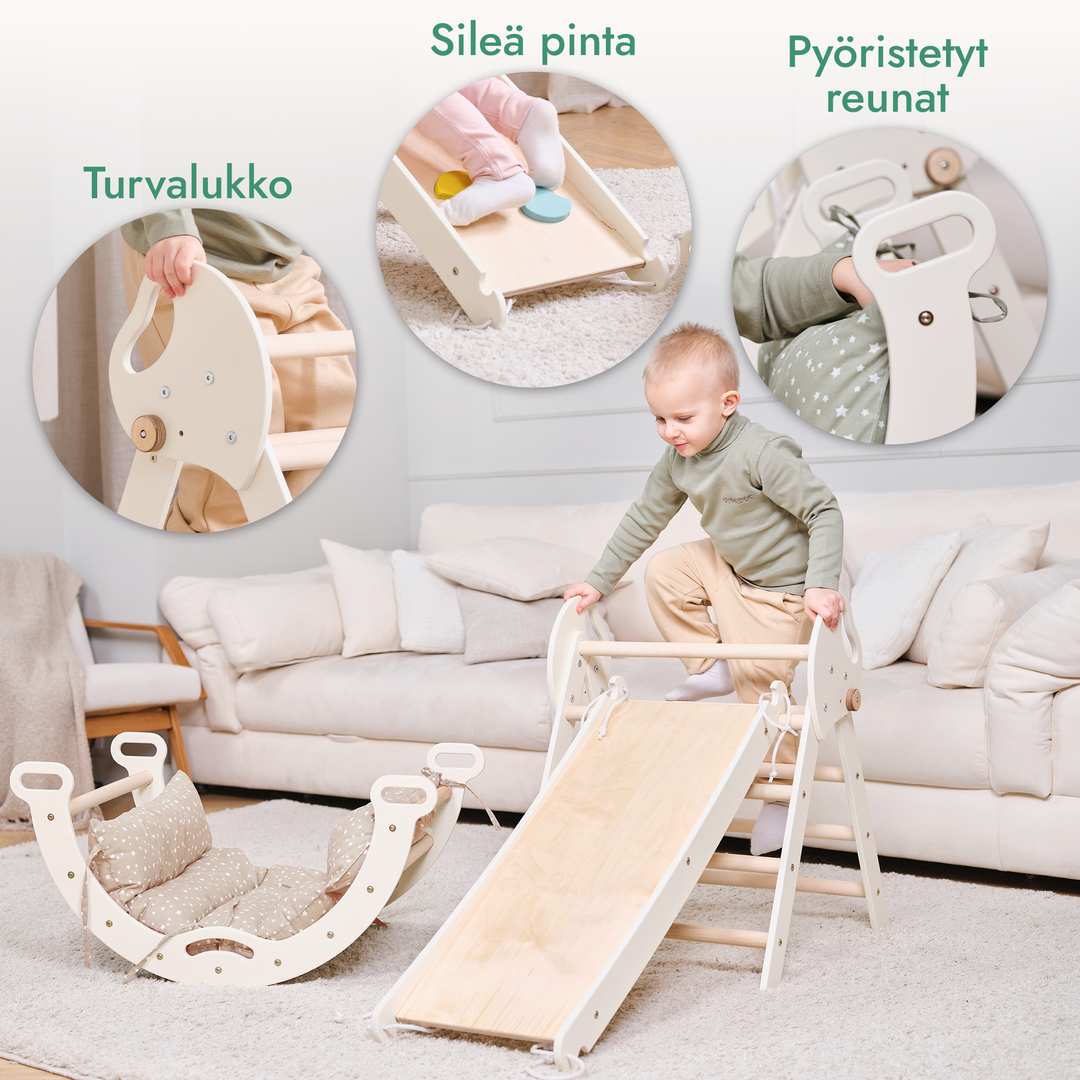 Neljä yhdessä Montessori-kiipeilysetti: Kolmiotikkaat + Kiipeilykaari + Liukuramppi + Pehmuste (1-3-v.)