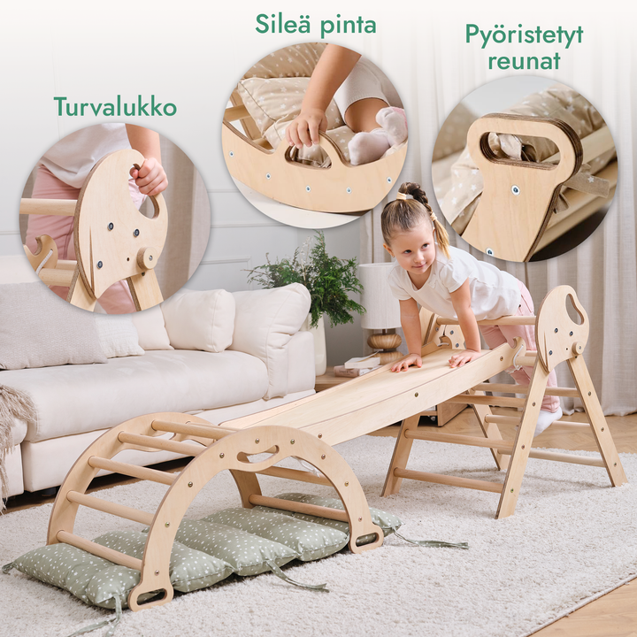 Neljä yhdessä Montessori-kiipeilysetti: Kolmiotikkaat + Kiipeilykaari + Liukuramppi + Pehmuste (1-3-v.)