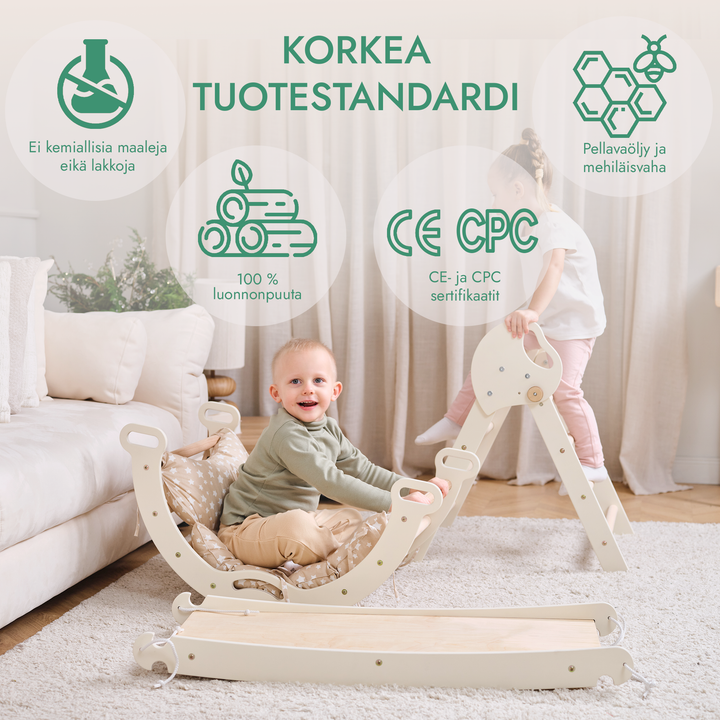 Neljä yhdessä Montessori-kiipeilysetti: Kolmiotikkaat + Kiipeilykaari + Liukuramppi + Pehmuste (1-3-v.)