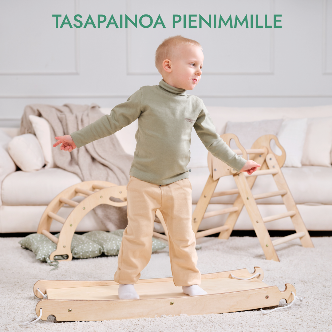 Neljä yhdessä Montessori-kiipeilysetti: Kolmiotikkaat + Kiipeilykaari + Liukuramppi + Pehmuste (1-3-v.)