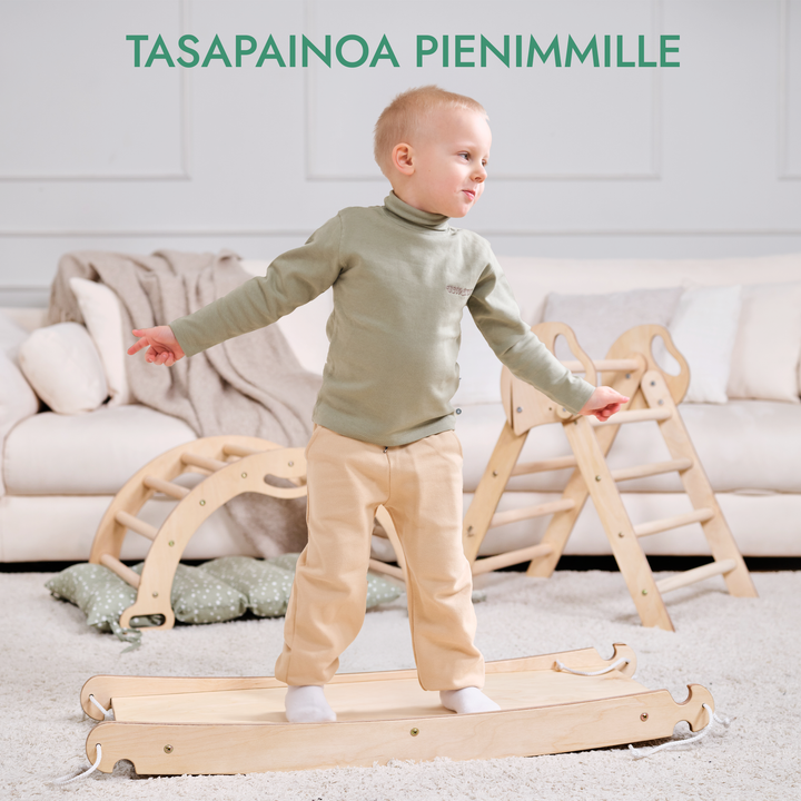 Neljä yhdessä Montessori-kiipeilysetti: Kolmiotikkaat + Kiipeilykaari + Liukuramppi + Pehmuste (1-3-v.)