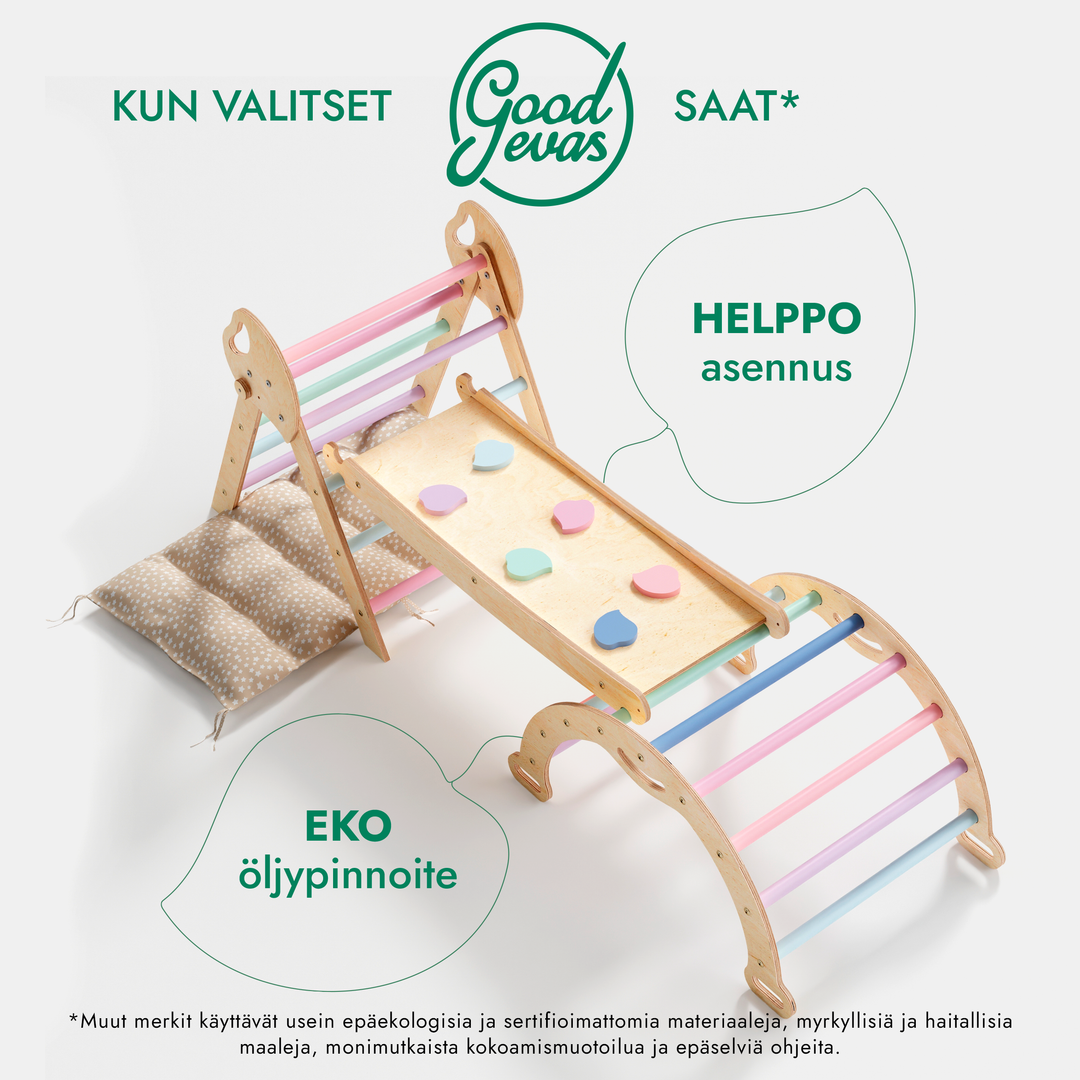 4-in-1 Montessori -kiipeilysarja: Piklerin kolmio, Kaari, Liukumäkilauta ja tyyny taaperoille (1–3 vuotta) – Pastellisävyt