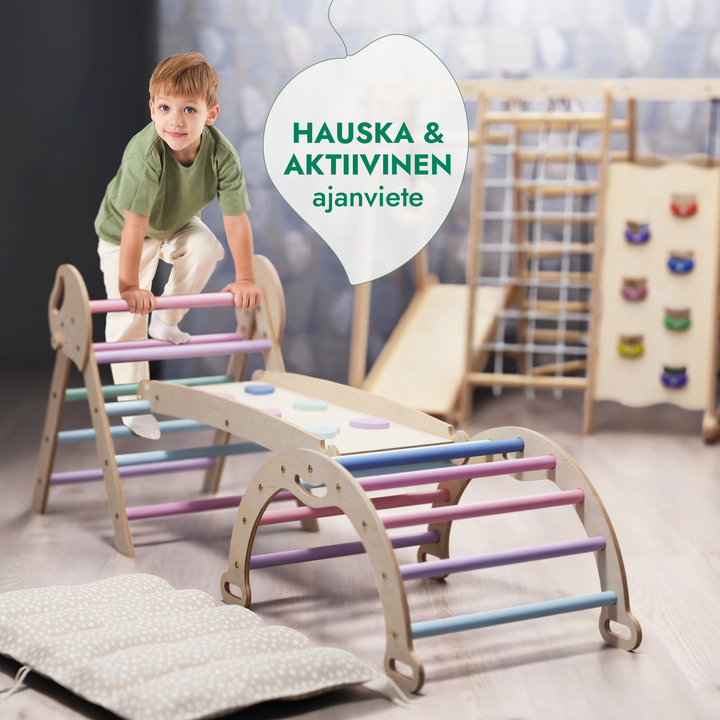 4-in-1 Montessori -kiipeilysarja: Piklerin kolmio, Kaari, Liukumäkilauta ja tyyny taaperoille (1–3 vuotta) – Pastellisävyt