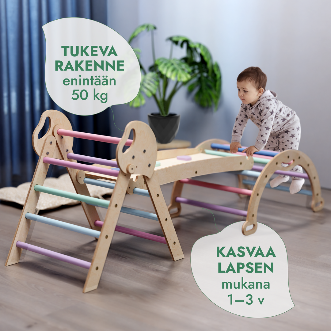 4-in-1 Montessori -kiipeilysarja: Piklerin kolmio, Kaari, Liukumäkilauta ja tyyny taaperoille (1–3 vuotta) – Pastellisävyt