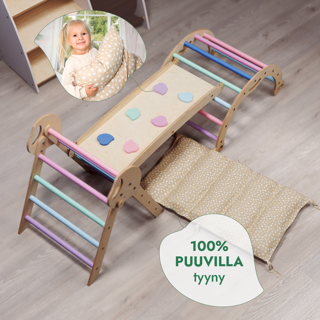 4-in-1 Montessori -kiipeilysarja: Piklerin kolmio, Kaari, Liukumäkilauta ja tyyny taaperoille (1–3 vuotta) – Pastellisävyt