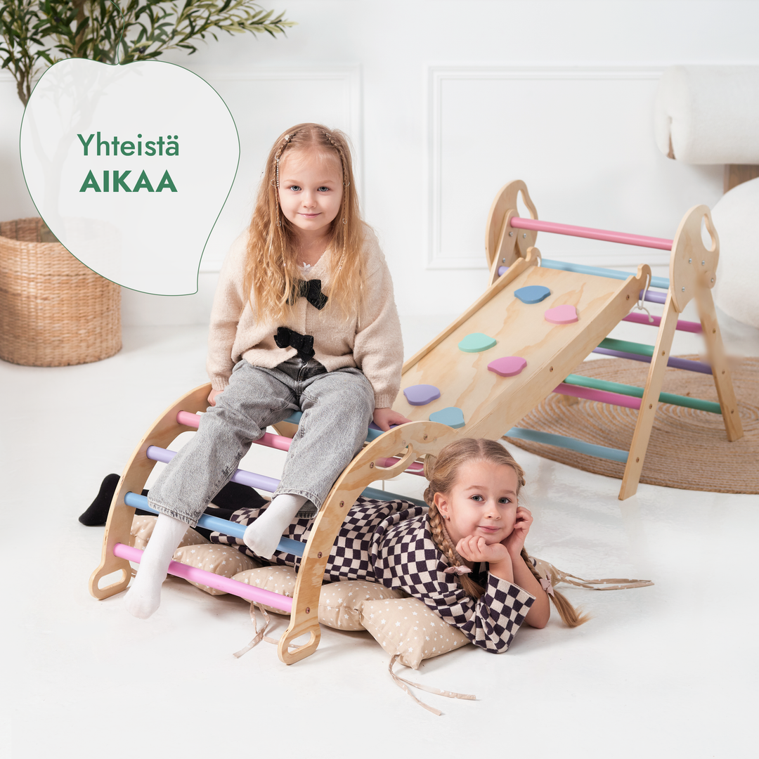 4-in-1 Montessori -kiipeilysarja: Piklerin kolmio, Kaari, Liukumäkilauta ja tyyny taaperoille (1–3 vuotta) – Pastellisävyt
