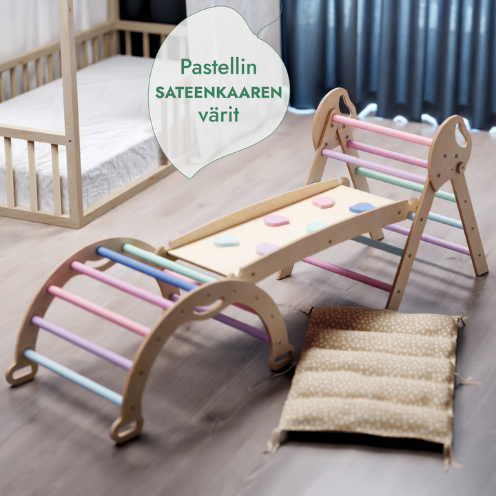 4-in-1 Montessori -kiipeilysarja: Piklerin kolmio, Kaari, Liukumäkilauta ja tyyny taaperoille (1–3 vuotta) – Pastellisävyt