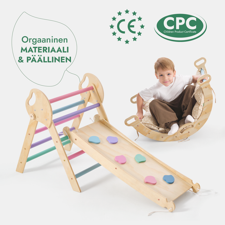 4-in-1 Montessori -kiipeilysarja: Piklerin kolmio, Kaari, Liukumäkilauta ja tyyny taaperoille (1–3 vuotta) – Pastellisävyt